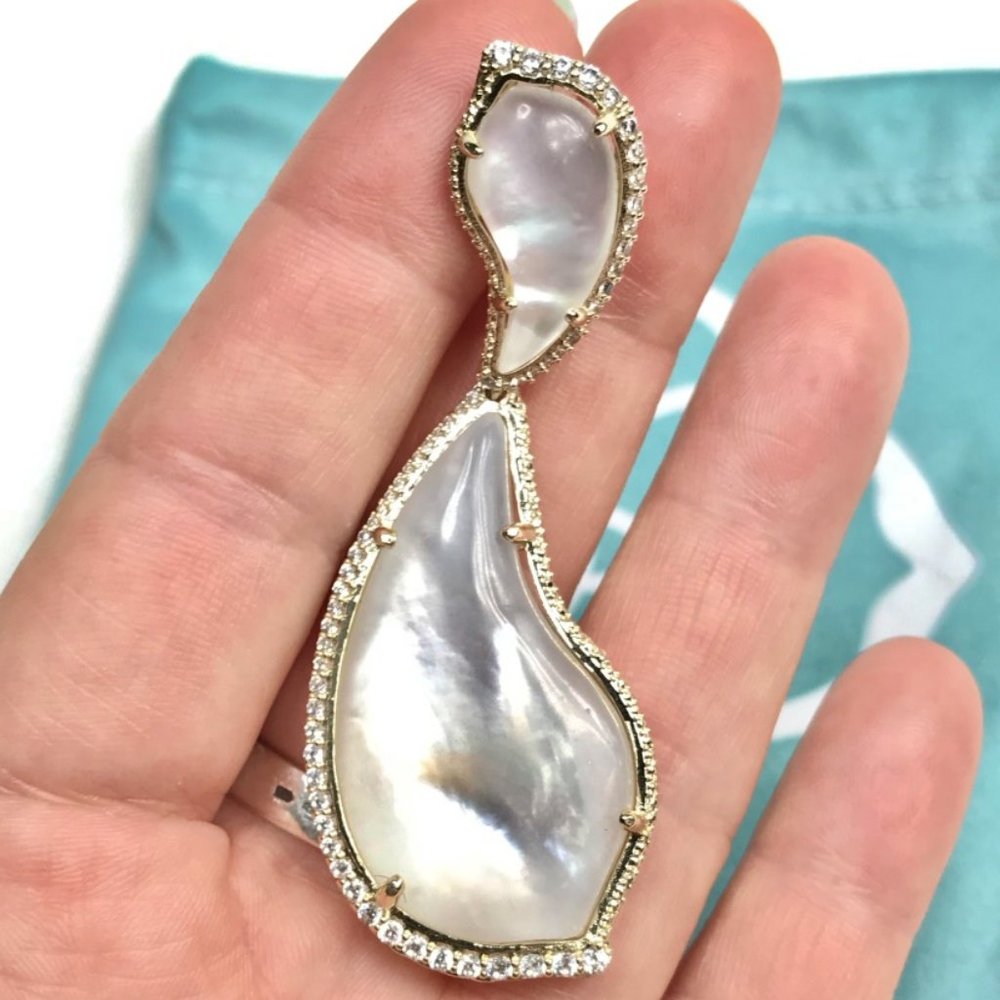 New 14K Gold Mother-of-Pearl CZ Teddi XL Earrings - Picture 7 of 9